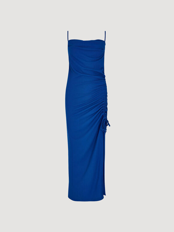Ruched Ribbed Bodycon Midi Dress, Blue, large