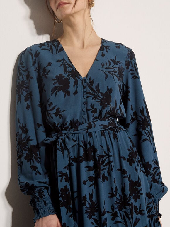 Floral Crepe Midi Dress, Teal, large