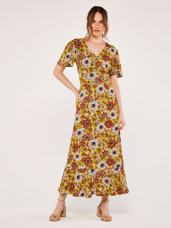 Floral Angel Sleeve Dress, Yellow, large