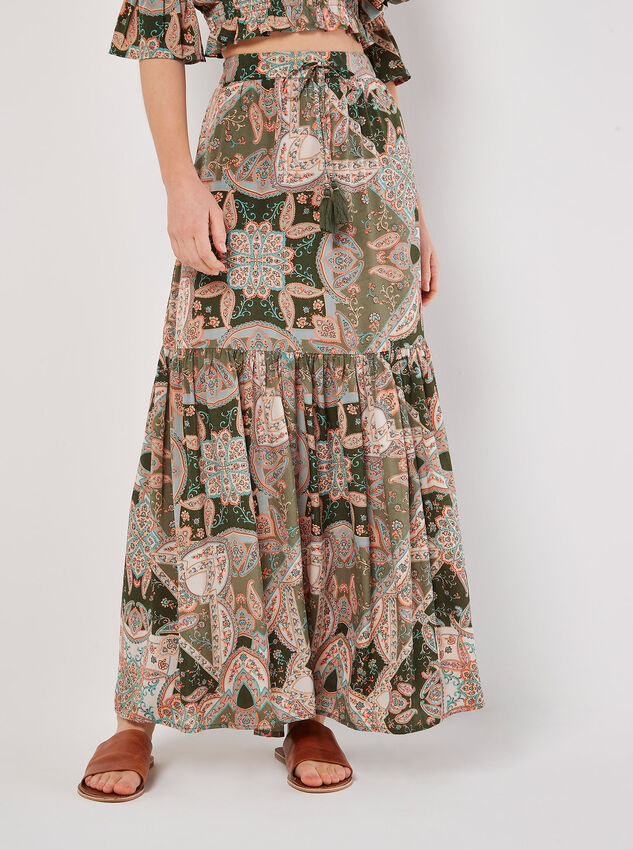 Satin Scarf Print Tiered Maxi Skirt, Khaki, large