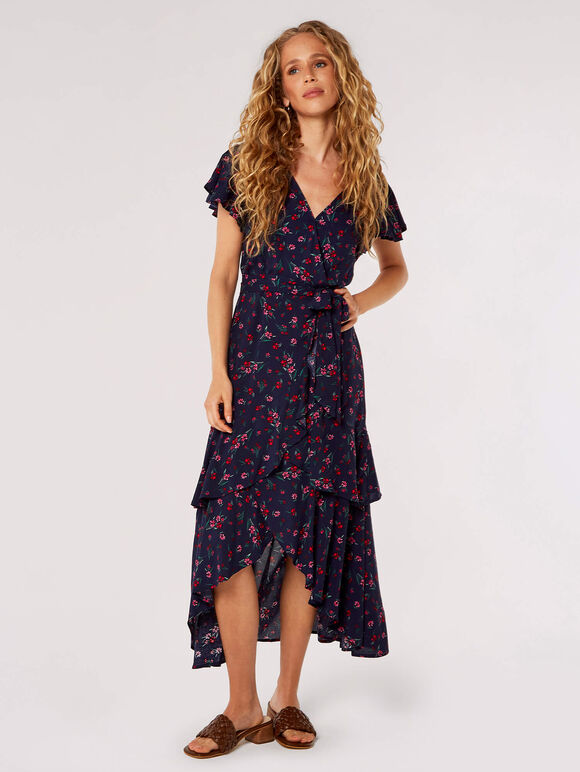 Wildflower Print Tiered Midi Dress, Navy, large