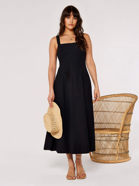 Panel Linen Midi Dress, Black, large