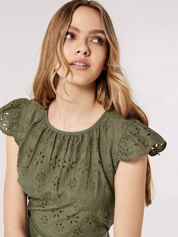 Broderie Anglaise Top, Khaki, large