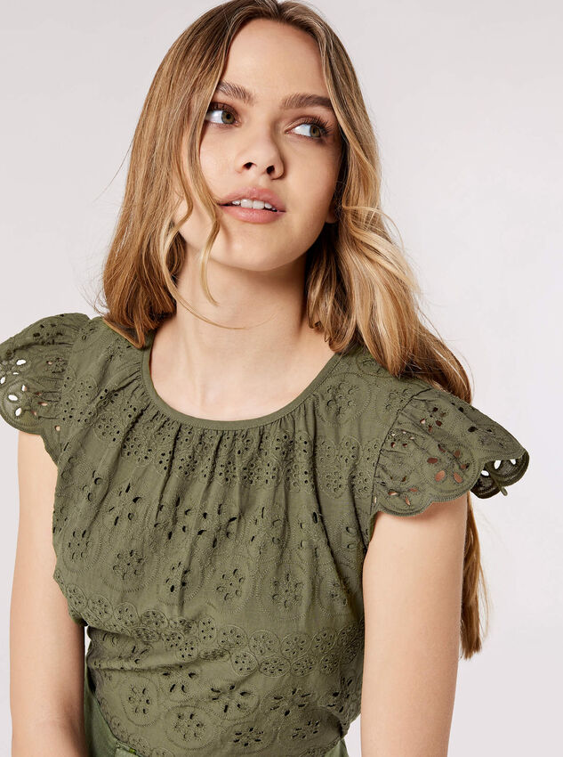 Broderie Anglaise Top, Khaki, large