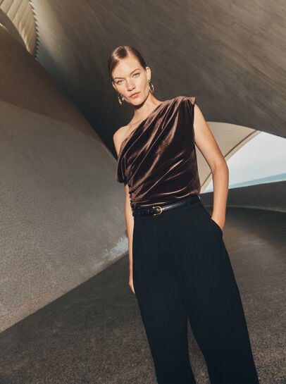 Draped One-Shoulder Asymmetric Velvet Top