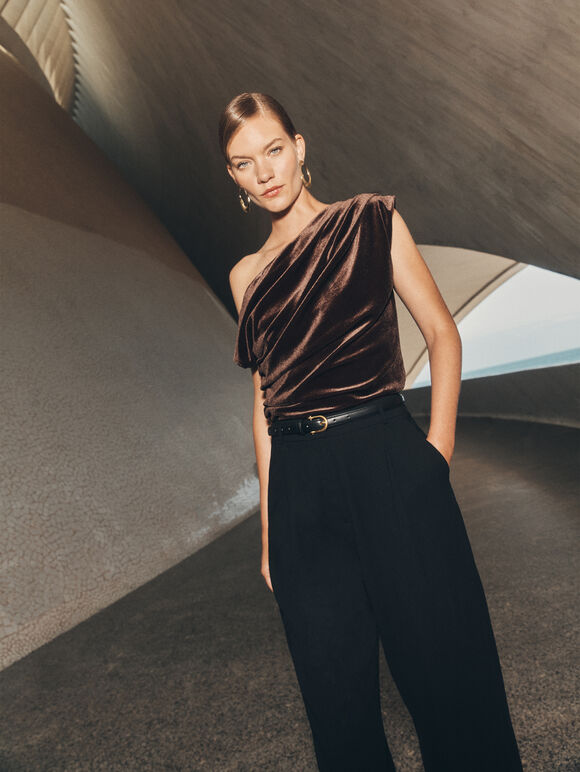 Draped One-Shoulder Asymmetric Velvet Top, Brown, large