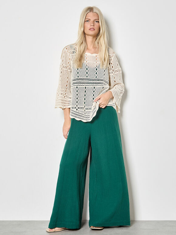 Bell Sleeve Crochet Top, Stone, large