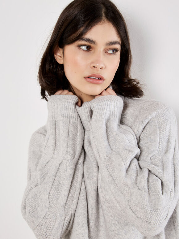 Cable Knit Roll Neck Jumper, Grey, large