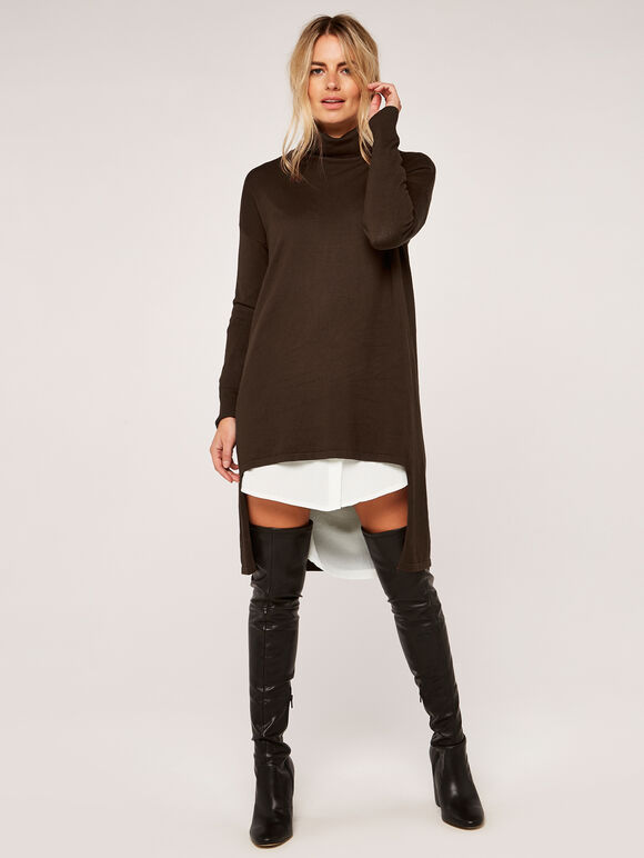 Rollneck High Low Tunic Jumper, Brown, large