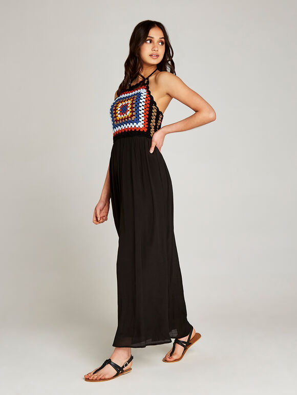 Black Crochet Shimmer Maxi Dress, Black, large