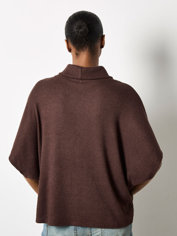 Roll Neck Ribbed Cape, Brown, large