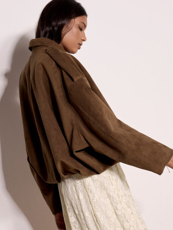 Suede Bubble Hem Batwing Jacket, Brown, large
