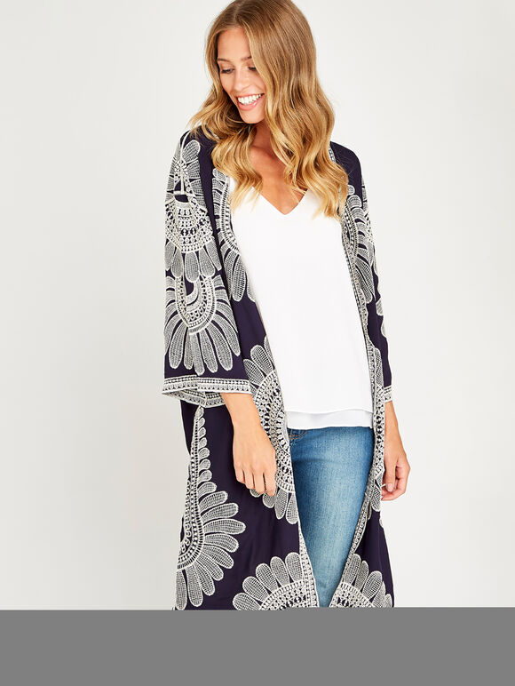 Navy  Embroidered Longline Kimono, Navy, large