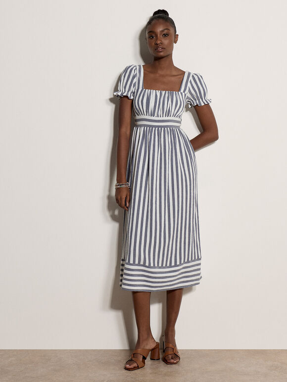 Stripe Milkmaid Midaxi Dress, Navy, large