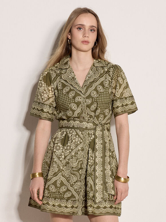Scarf Print Shirt Mini Dress, Khaki, large
