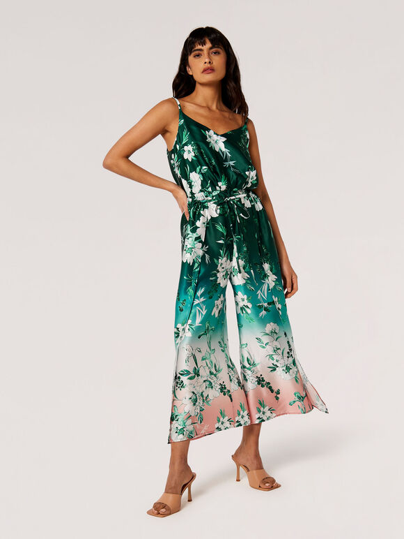 Floral Ombre Satin Split Leg Jumpsuit, Green, large