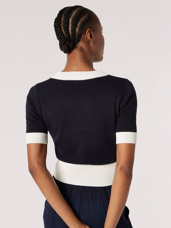 Contrast Trim Cotton Cardigan, Navy, large