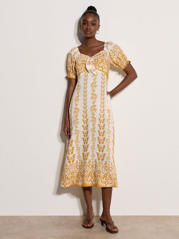 Butterfly Border Print Midi Dress, Mustard, large