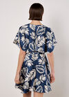 Tropical Leaf Print Satin Mini Dress, Navy, large