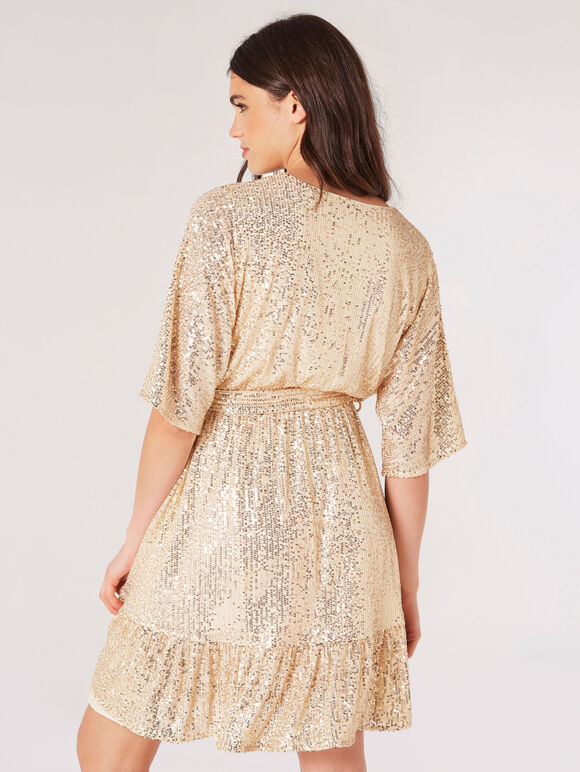 Sequin Wrap Mini Dress, Stone, large