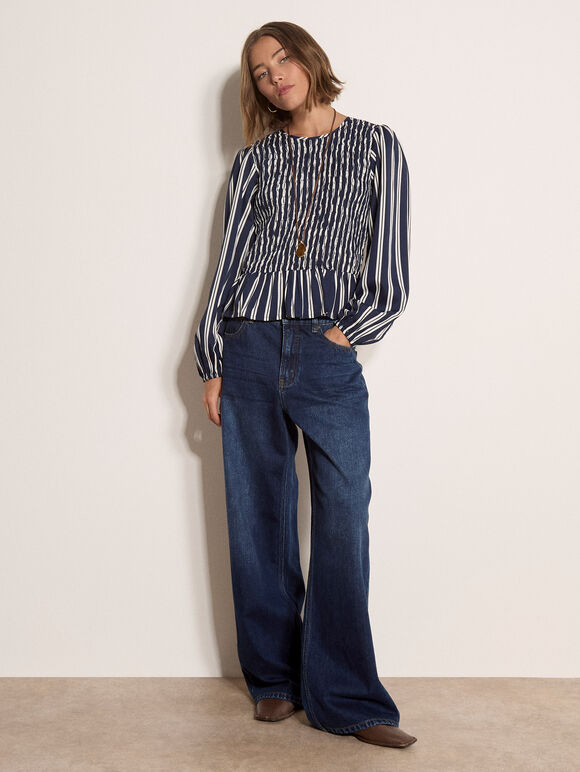 Shirred Bodice Stripe Top, Navy, large