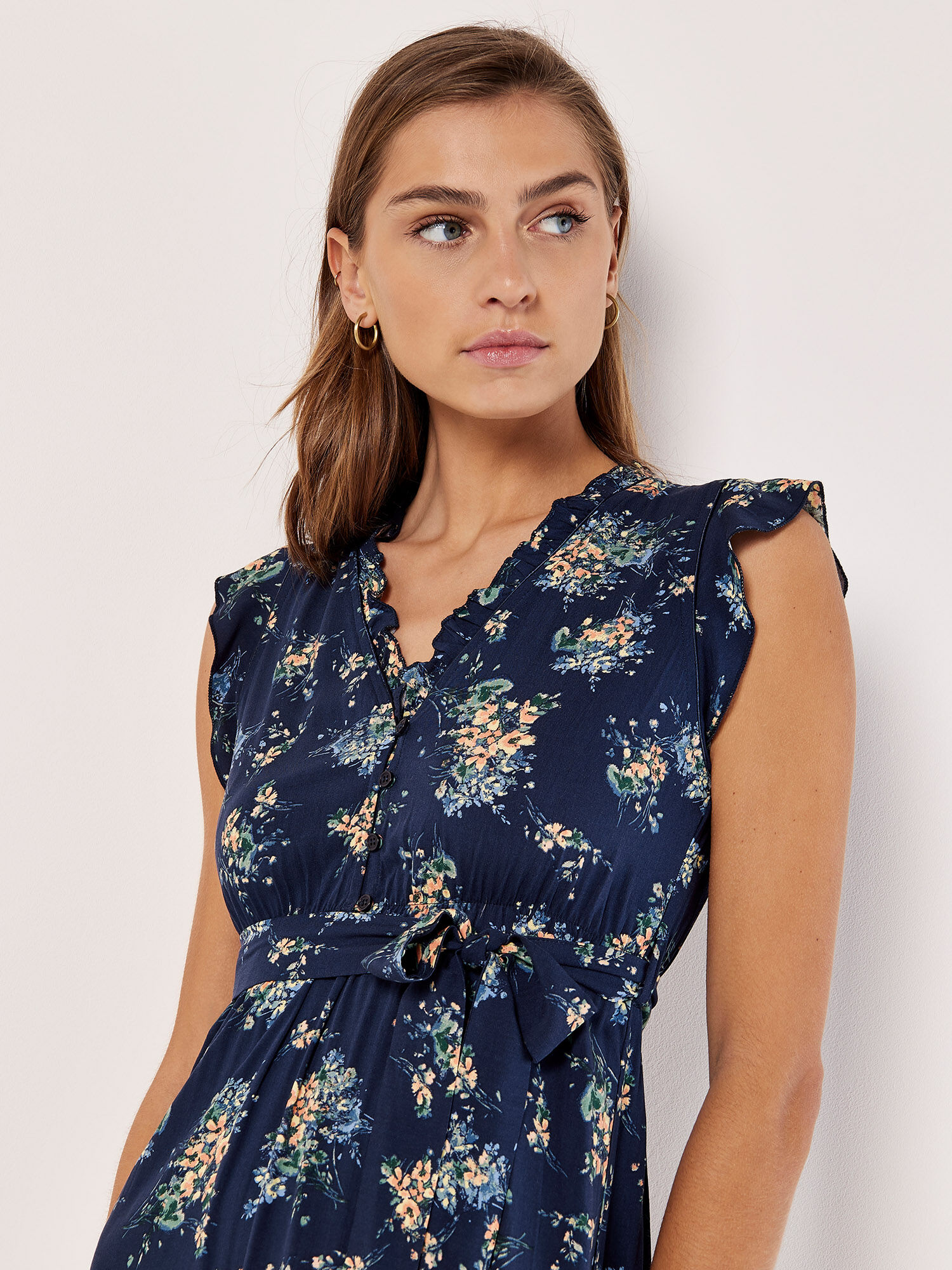 Floral Ditsy Midi Dress Apricot Clothing