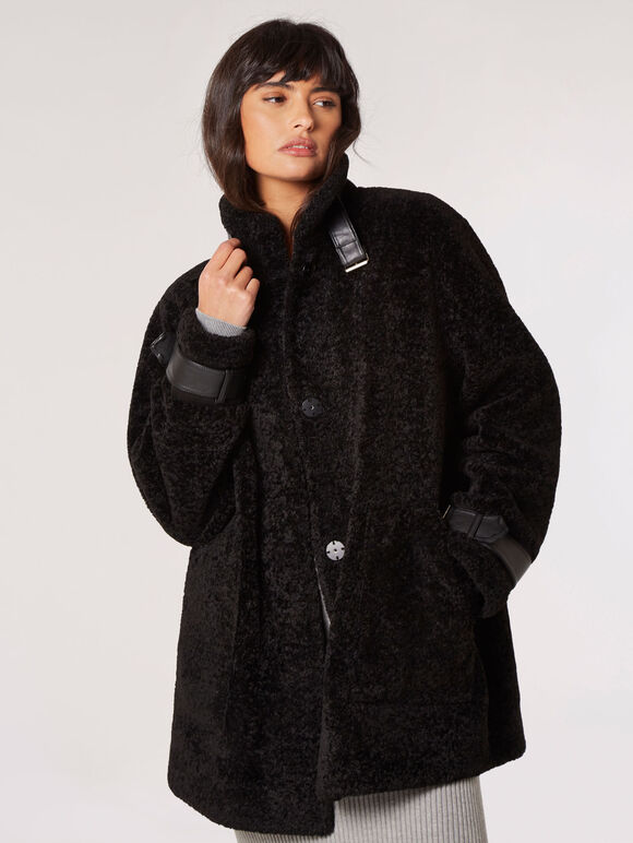 Tight Knit Borg Oversized Coat, Black, large