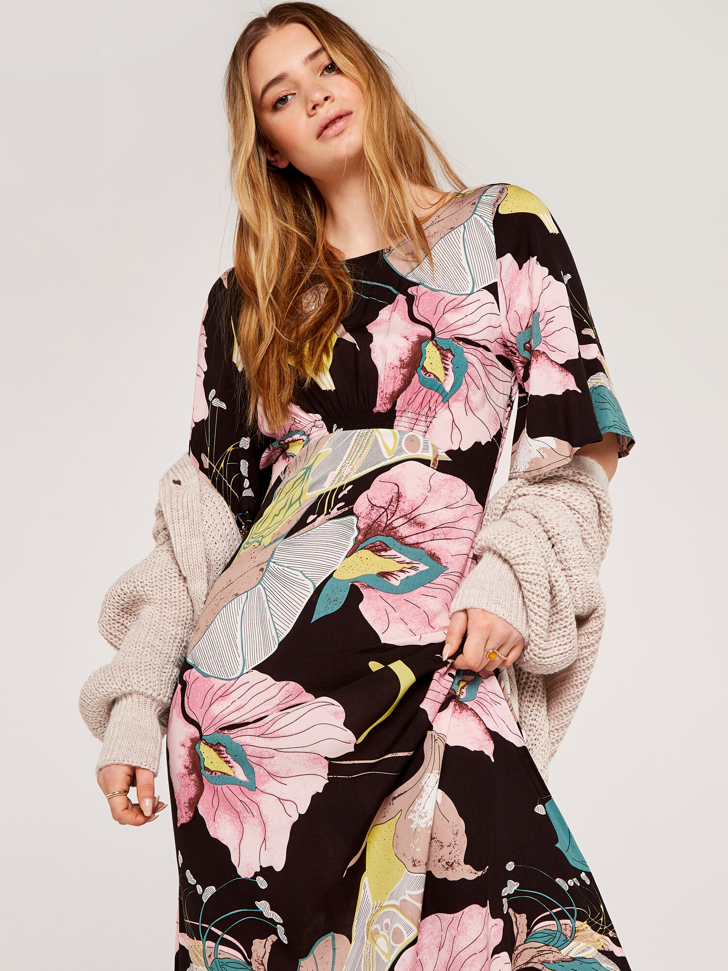 Abstract Floral Maxi Dress Apricot Clothing