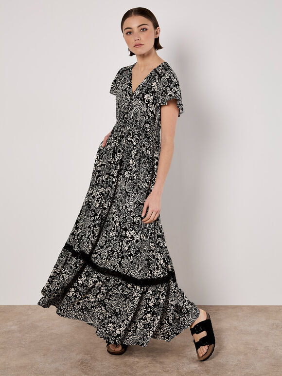 Paisley Print Maxi Dress, Black, large