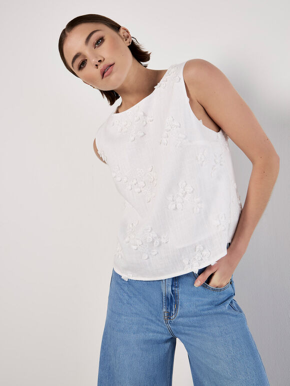 Floral Embroidered Shell Top, White, large
