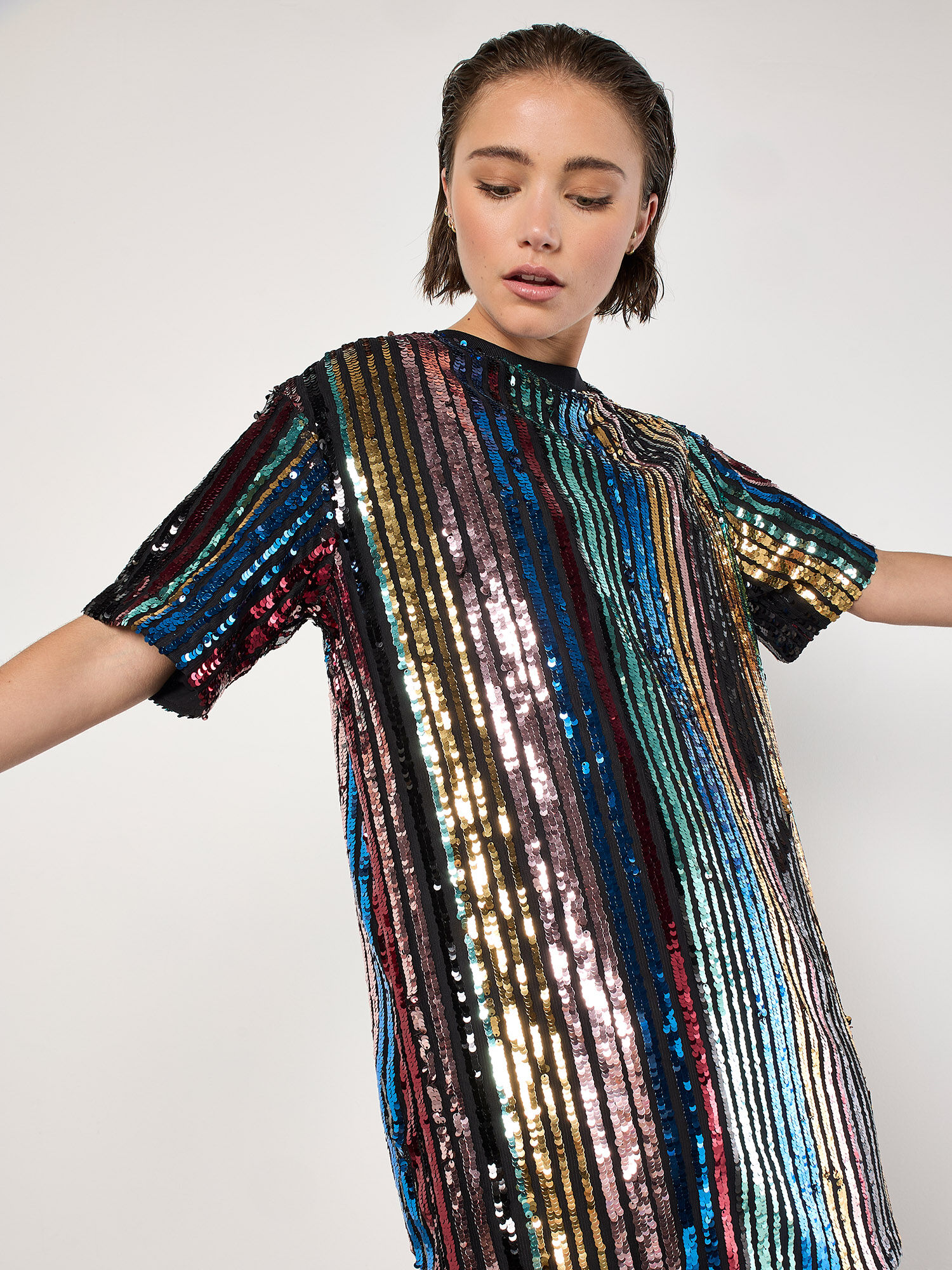 Rainbow Sequin Stripe T Shirt Dress Apricot Clothing