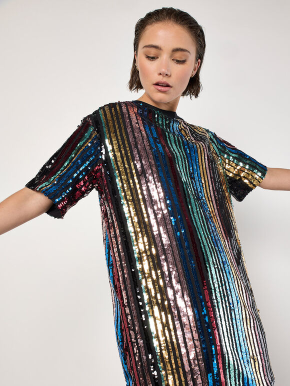 Rainbow Sequin Stripe T-Shirt Dress, Black, large