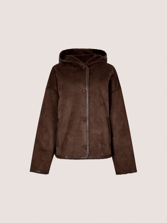 Reversible Faux Fur Suede Jacket, Brown, large