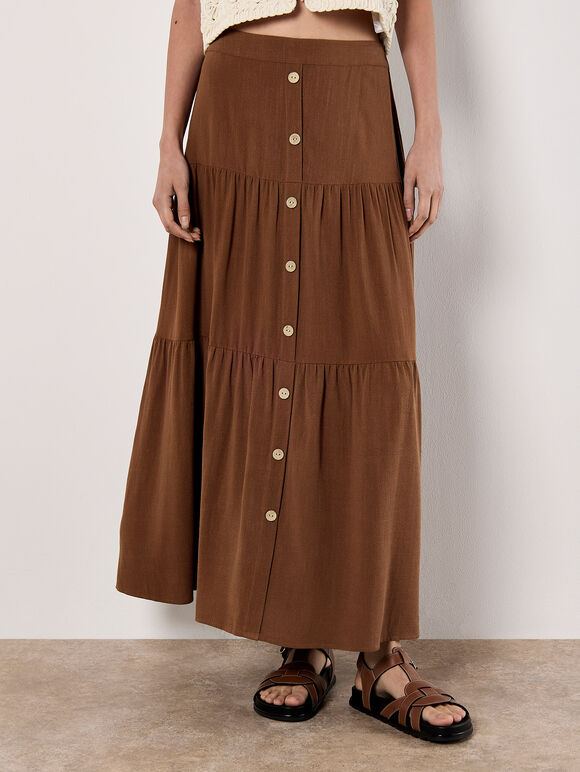 Linen Blend Tiered Maxi Skirt, Rust, large