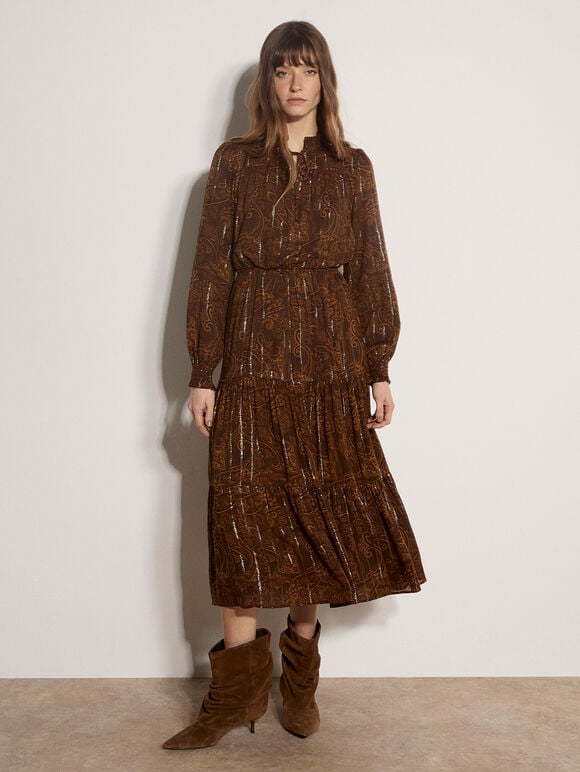 Paisley Metallic Shimmer Tiered Midi Dress, Brown, large