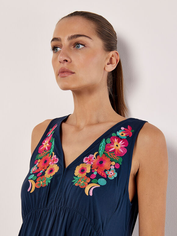 Embroidered Blooms Swing Mini Dress, Navy, large