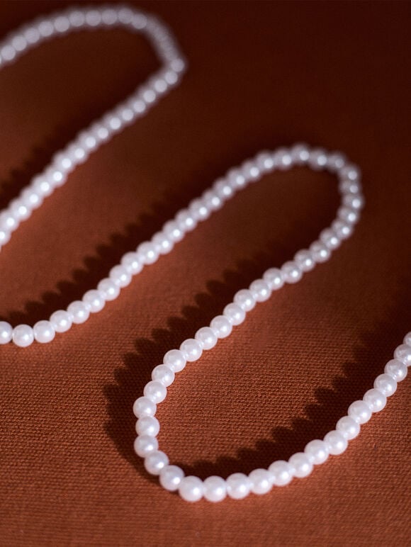 Layered Pearl Necklace, White, large