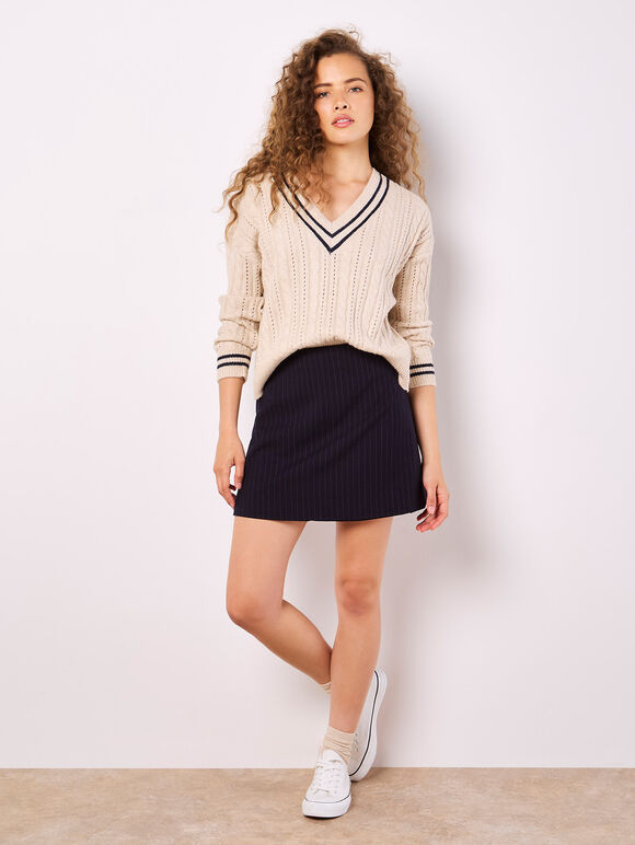 Pinstripe A-Line Skirt, Navy, large