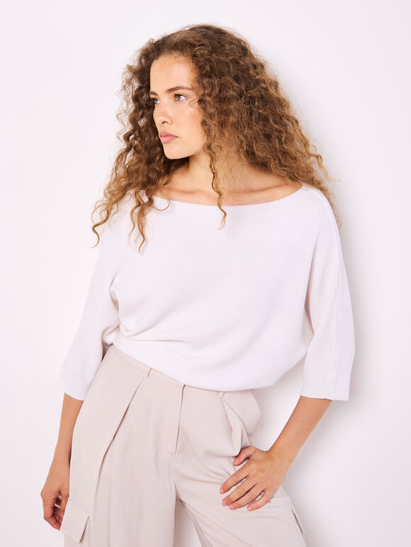 Stretch Knit Batwing Top, White, large