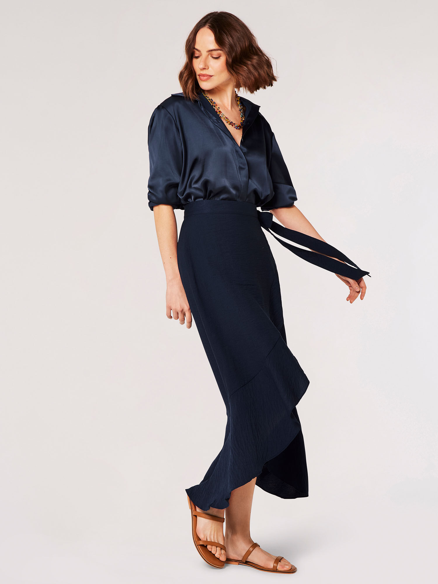 Ruffle Wrap Maxi Skirt Apricot Clothing