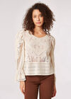 Cotton Embroidered Mesh Top, Stone, large