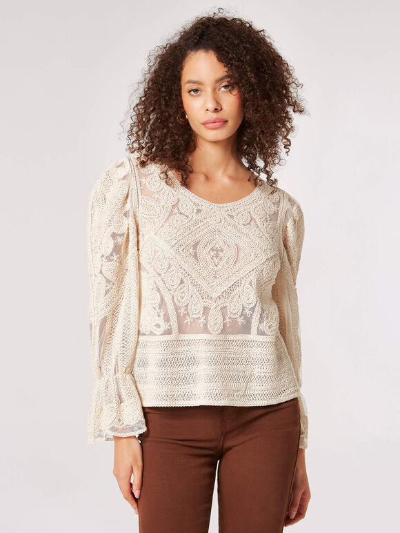 Cotton Embroidered Mesh Top, Stone, large