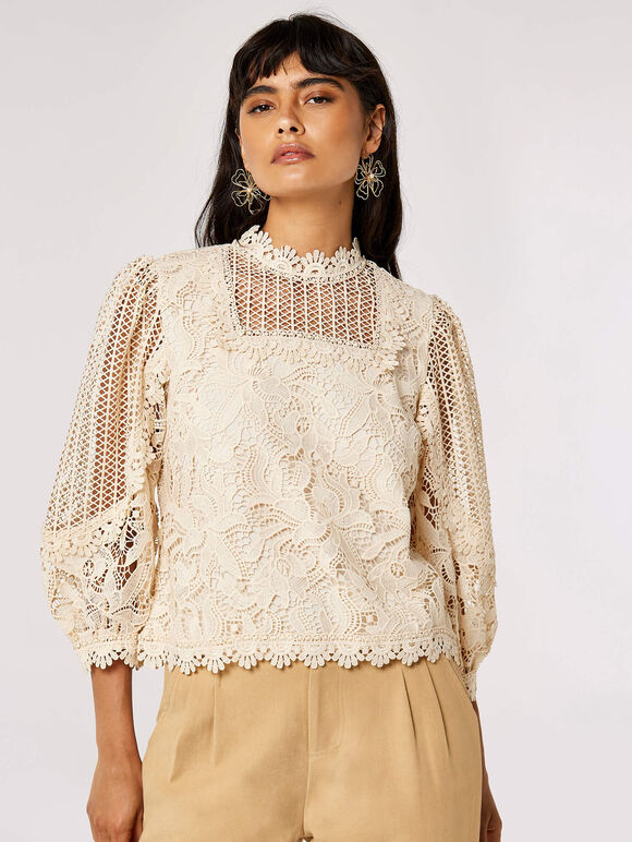 Puff Sleeve Floral Lace Top, Stone, large