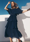 Plisse Tiered Bardot Midi Dress, Navy, large