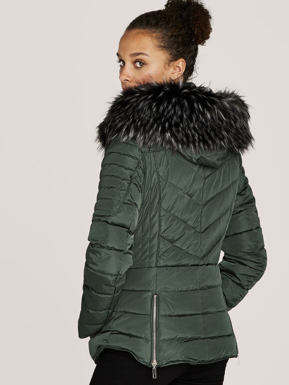Faux Fur Hood Puffer Jacket, Green, large