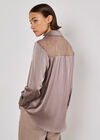 Lace Insert Oversized Satin Shirt, Grey, large