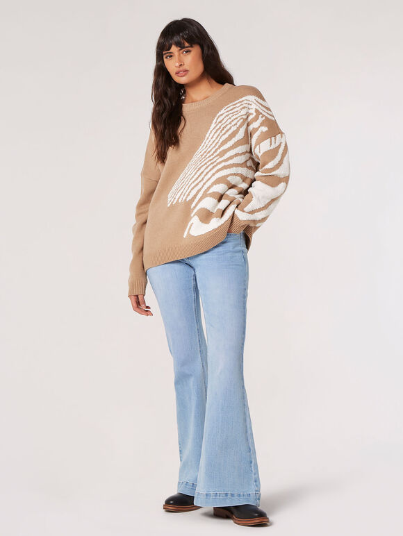 Oversized Zebra Pattern Jumper, Stone, large