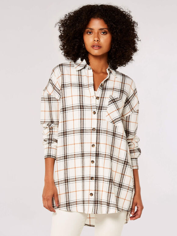 Oversized Cotton Check Shirt, White, large
