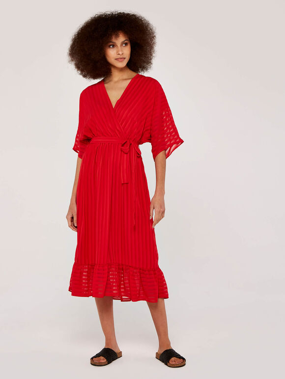Self Stripe Ruffle Dress, Red, large