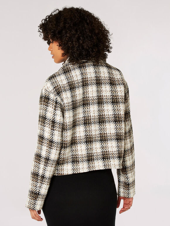 Woven Textured Check Cropped Shacket, Brown, large